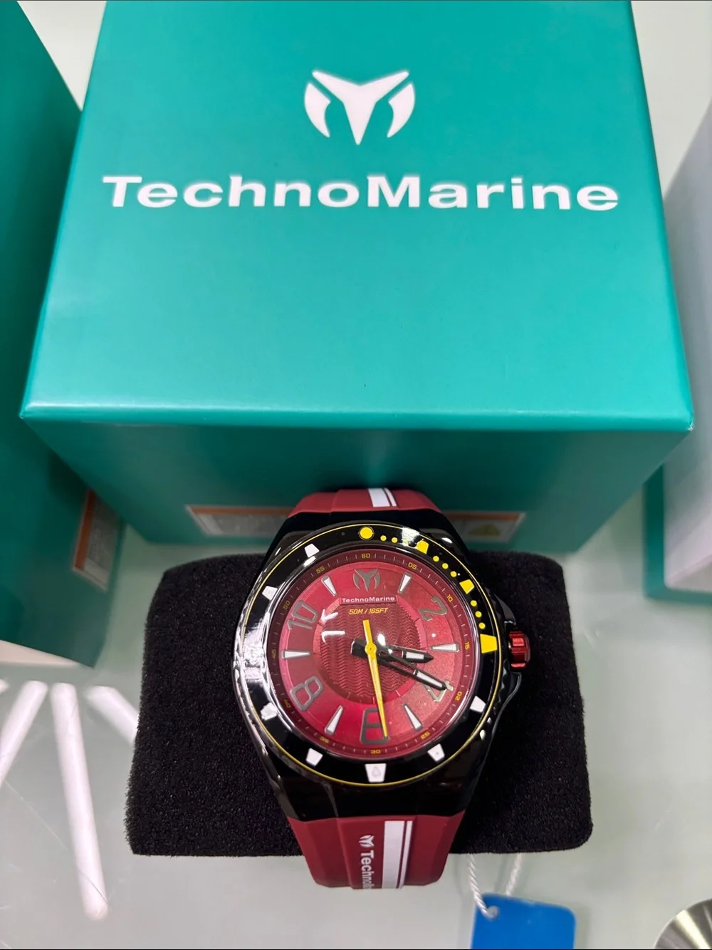 TechnoMarine Red and Black Sport Diver Watch with Yellow Accents